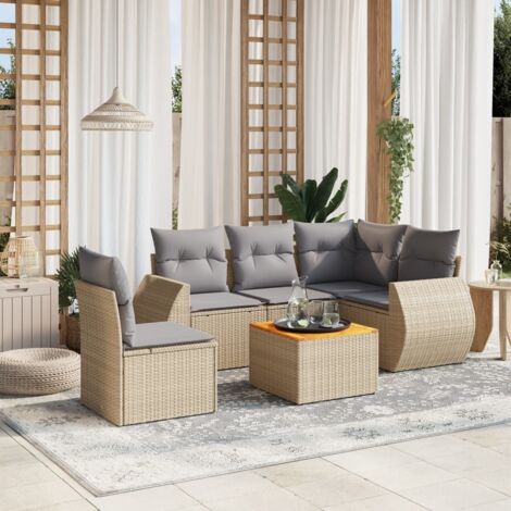 Ensemble Salon Jardin 6 Places Résine Tressée Beige avec Coussins Gris - Table Acacia - Modulaire
