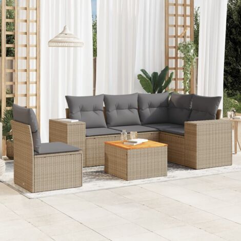 Ensemble Salon Jardin 6 Places Résine Tressée Beige avec Coussins Gris - Table Acacia - Modulaire Extérieur