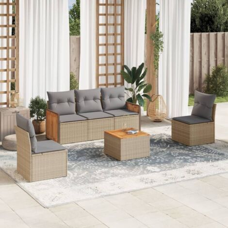 Ensemble Salon Jardin 6 Places Résine Tressée Beige avec Coussins Gris, Table Acacia, Modulaire, Range