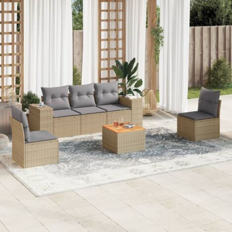 Ensemble Salon Jardin 6 Places Résine Tressée Beige avec Coussins Gris, Table Acacia, Modulaire Rangement Eau