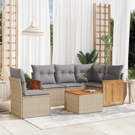 Ensemble Salon Jardin 6 Places Résine Tressée Beige avec Coussins Gris, Table Acacia, Modulaire Rangement Eau