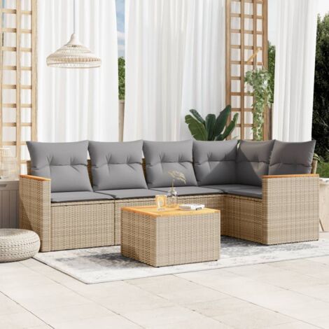 Ensemble Salon Jardin 6 Places Résine Tressée Beige avec Coussins Gris, Table Acacia, Modulaire Rangement Eau