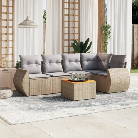 Ensemble Salon Jardin 6 Places Résine Tressée Beige avec Coussins Gris, Table Acacia, Modulaire Rangement Eau
