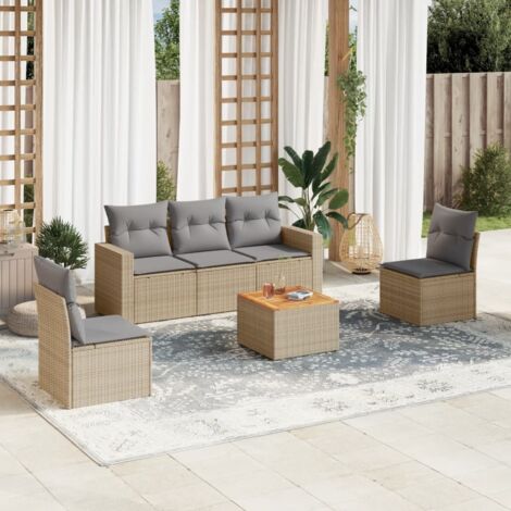 Ensemble Salon Jardin 6 Places Résine Tressée Beige avec Coussins Gris - Table Acacia, Modulaire, Résistant aux UV