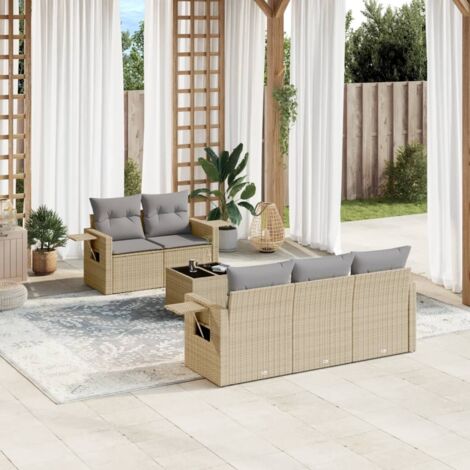 Ensemble Salon Jardin 6 Places Résine Tressée Beige avec Coussins Gris, Table et Rangement Intégré