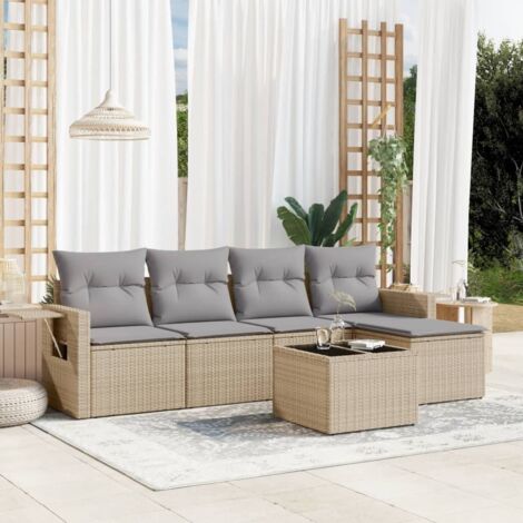 Ensemble Salon Jardin 6 Places Résine Tressée Beige avec Coussins Gris, Table et Rangement Intégré