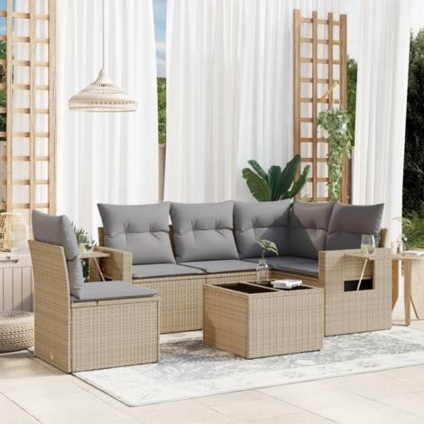 Ensemble Salon Jardin 6 Places Résine Tressée Beige avec Coussins Gris, Table et Rangement Modulaire