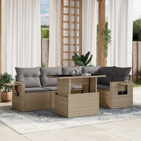 Ensemble Salon Jardin 6 Places Résine Tressée Beige avec Coussins Gris, Table Modulable et Design Moderne pour Terrasse