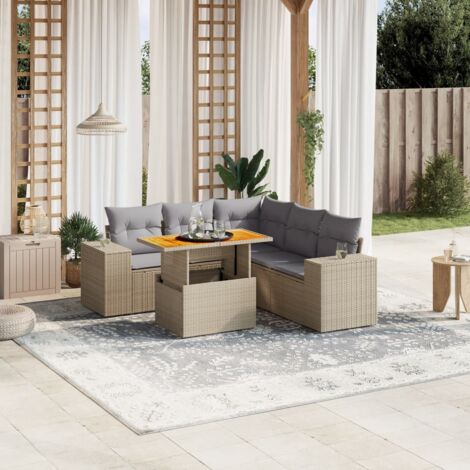 Ensemble Salon Jardin 6 Places Résine Tressée Beige avec Coussins Gris - Table Réglable Acacia - Meuble Extérieur Modulaire