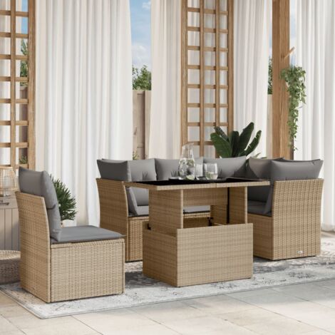 Ensemble Salon Jardin 6 Places Résine Tressée Beige avec Coussins Gris - Table Réglable Basse/Dinette - Modulaire 5 Sièges