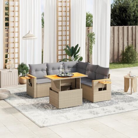 Ensemble Salon Jardin 6 Places Résine Tressée Beige avec Coussins Gris, Table Réglable et Accoudoirs Bois Acacia