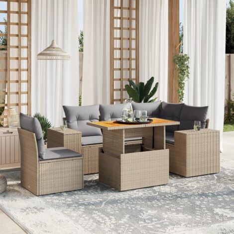 Ensemble Salon Jardin 6 Places Résine Tressée Beige avec Coussins Gris - Table Réglable et Design Modulaire pour Terrasse