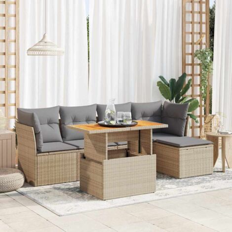 Ensemble Salon Jardin 6 Places Résine Tressée Beige avec Coussins Gris, Table Réglable et Espaces Rangement