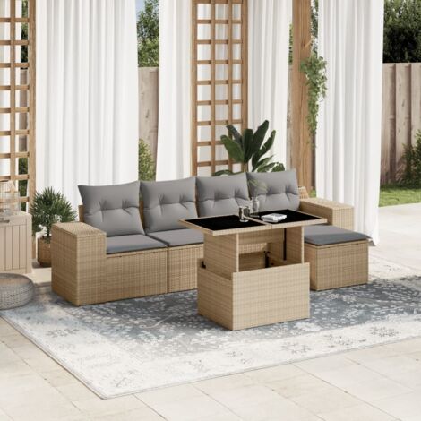 Ensemble Salon Jardin 6 Places Résine Tressée Beige avec Coussins Gris, Table Réglable et Mobilier Modulaire