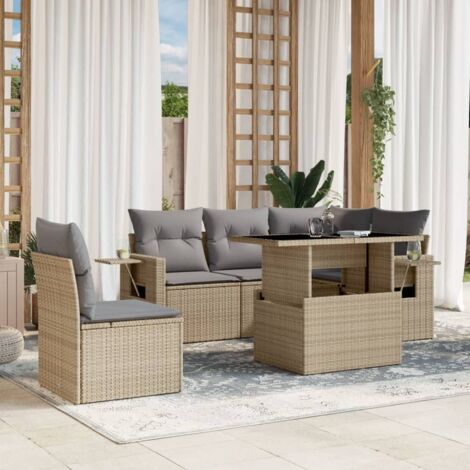 Ensemble Salon Jardin 6 Places Résine Tressée Beige avec Coussins Gris - Table Réglable et Mobilier Modulaire Extérieur