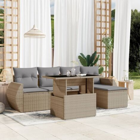 Ensemble Salon Jardin 6 Places Résine Tressée Beige avec Coussins Gris, Table Réglable et Mobilier Modulaire Extérieur