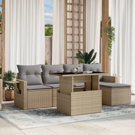 Ensemble Salon Jardin 6 Places Résine Tressée Beige avec Coussins Gris - Table Réglable et Mobilier Modulaire Extérieur
