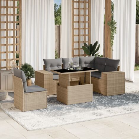 Ensemble Salon Jardin 6 Places Résine Tressée Beige avec Coussins Gris - Table Réglable et Mobilier Modulaire Extérieur
