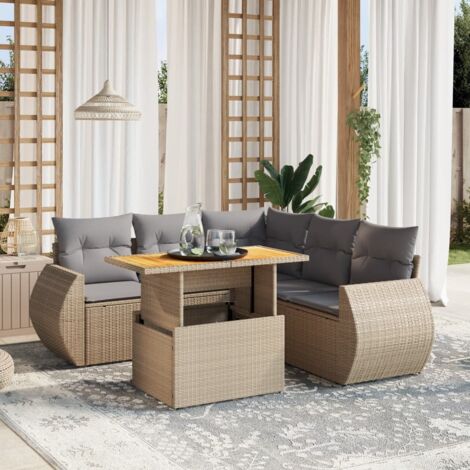 Ensemble Salon Jardin 6 Places Résine Tressée Beige avec Coussins Gris - Table Réglable et Modulaire