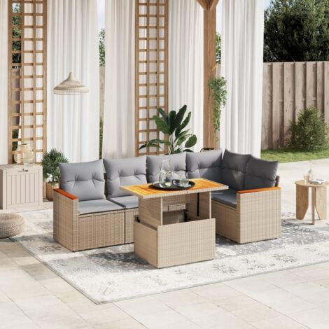 Ensemble Salon Jardin 6 Places Résine Tressée Beige avec Coussins Gris - Table Réglable et Modulaire