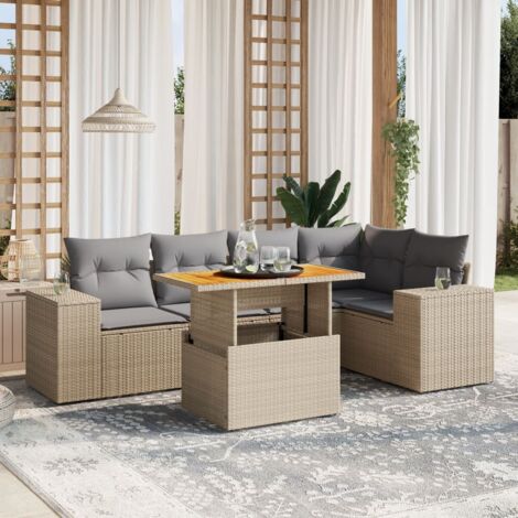 Ensemble Salon Jardin 6 Places Résine Tressée Beige avec Coussins Gris - Table Réglable et Modulaire