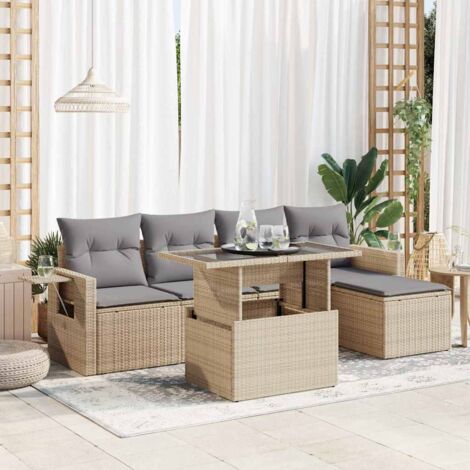 Ensemble Salon Jardin 6 Places Résine Tressée Beige avec Coussins Gris, Table Réglable et Rangement