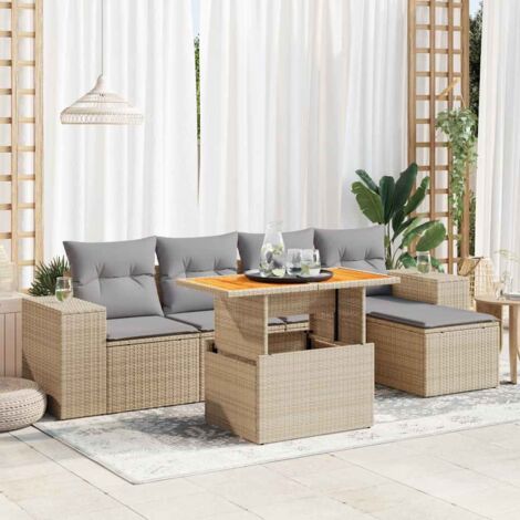 Ensemble Salon Jardin 6 Places Résine Tressée Beige avec Coussins Gris, Table Réglable et Rangement Intégré