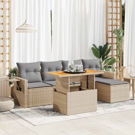 Ensemble Salon Jardin 6 Places Résine Tressée Beige avec Coussins Gris, Table Réglable et Rangement Intégré