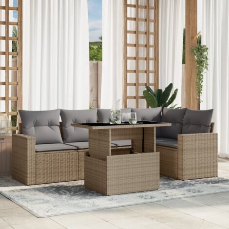 Ensemble Salon Jardin 6 Places Résine Tressée Beige avec Coussins Gris Table Réglable Modulaire