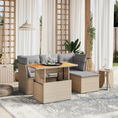 Ensemble Salon Jardin 6 Places Résine Tressée Beige avec Coussins Gris - Table Réglable, Modulaire et Lavable
