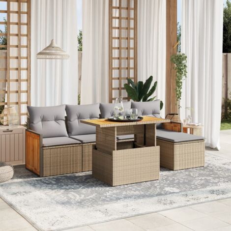 Ensemble Salon Jardin 6 Places Résine Tressée Beige avec Coussins Gris - Table Réglable, Modulaire et Lavable