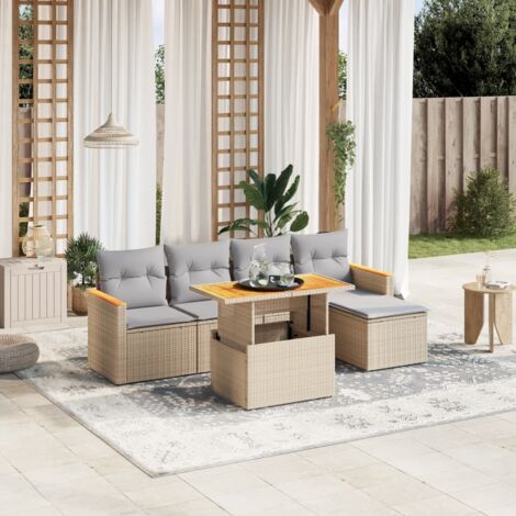 Ensemble Salon Jardin 6 Places Résine Tressée Beige avec Coussins Gris - Table Réglable, Modulaire et Lavable