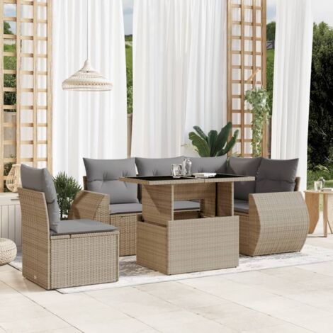 Ensemble Salon Jardin 6 Places Résine Tressée Beige avec Coussins Gris, Table Réglable Verre Trempé, Mobilier Extérieur Modulaire