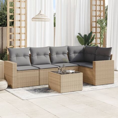 Ensemble Salon Jardin 6 Places Résine Tressée Beige avec Coussins Gris Table Verre Trempé Modulaire