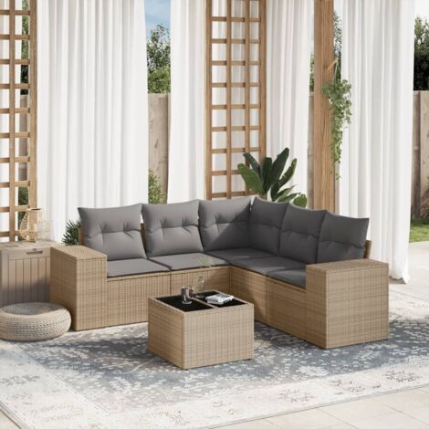 Ensemble Salon Jardin 6 Places Résine Tressée Beige avec Coussins Gris Table Verre Trempé Modulaire
