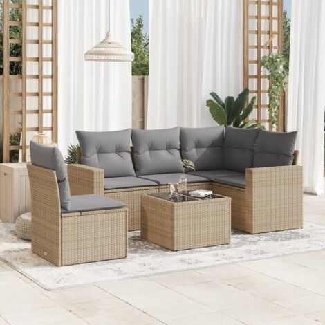 Ensemble Salon Jardin 6 Places Résine Tressée Beige avec Coussins Gris Table Verre Trempé Modulaire