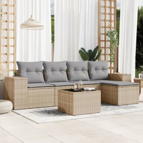 Ensemble Salon Jardin 6 Places Résine Tressée Beige avec Coussins Gris Table Verre Trempé Modulaire
