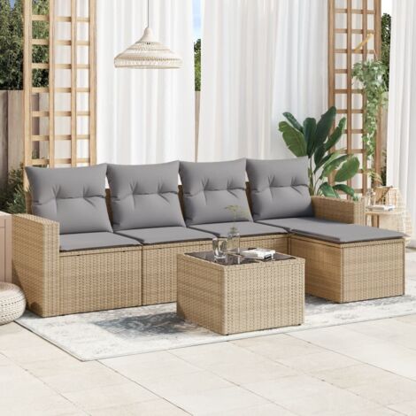 Ensemble Salon Jardin 6 Places Résine Tressée Beige avec Coussins Gris, Table Verre Trempé, Modulaire