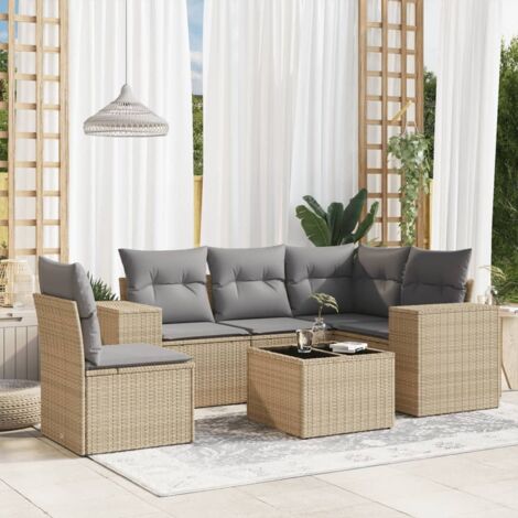 Ensemble Salon Jardin 6 Places Résine Tressée Beige avec Coussins Gris - Table Verre Trempé, Modulaire