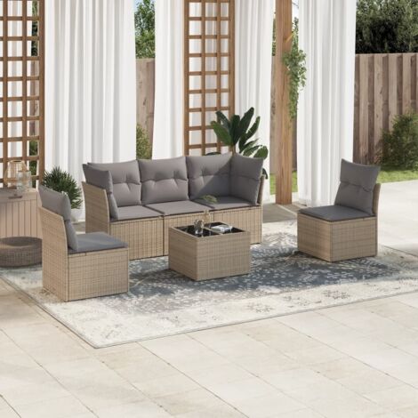 Ensemble Salon Jardin 6 Places Résine Tressée Beige avec Coussins Gris, Table Verre Trempé, Modulaire