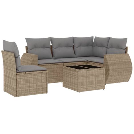 Ensemble Salon Jardin 6 Places Résine Tressée Beige avec Coussins Gris, Table Verre Trempé, Modulaire