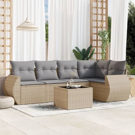 Ensemble Salon Jardin 6 Places Résine Tressée Beige avec Coussins Gris, Table Verre Trempé, Modulaire, Rangement Intégré