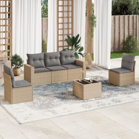 Ensemble Salon Jardin 6 Places Résine Tressée Beige avec Coussins Gris, Table Verre Trempé, Modules Rangement Eau