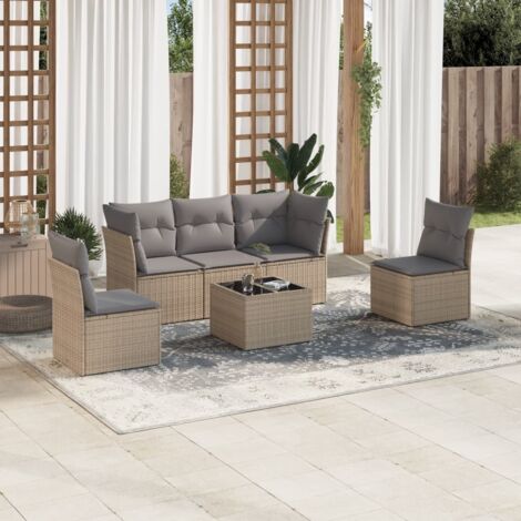 Ensemble Salon Jardin 6 Places Résine Tressée Beige avec Coussins Gris, Table Verre Trempé, Rangement Intégré, Modulaire