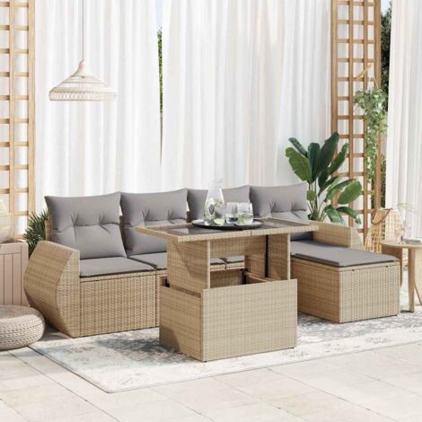 Ensemble Salon Jardin 6 Places Résine Tressée Beige avec Coussins Gris, Table Verre Trempé Réglable et Espaces Rangement
