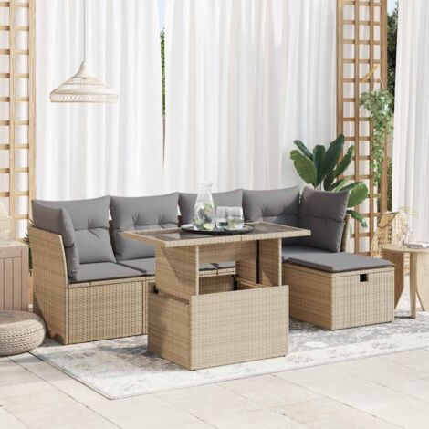 Ensemble Salon Jardin 6 Places Résine Tressée Beige avec Coussins Gris, Table Verre Trempé Réglable et Rangement Intégré