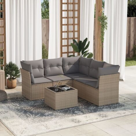 Ensemble Salon Jardin 6 Places Résine Tressée Beige avec Coussins Gris, Table Verre Trempé, Sièges Modulaires avec Rangement