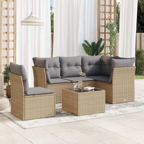 Ensemble Salon Jardin 6 Places Résine Tressée Beige avec Coussins Gris, Table Verre Trempé, Sièges Rangement Modulables