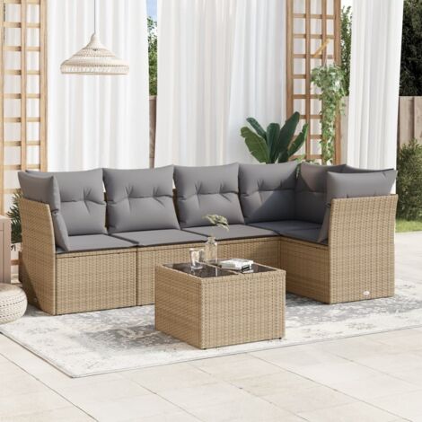 Ensemble Salon Jardin 6 Places Résine Tressée Beige avec Coussins Gris, Table Verre Trempé, Stockage Integré, Modulaire