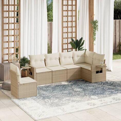 Ensemble Salon Jardin 6 Places Résine Tressée Beige avec Coussins, Stockage et Table d'Appoint
